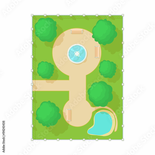 Top view of park with fountain icon, cartoon style