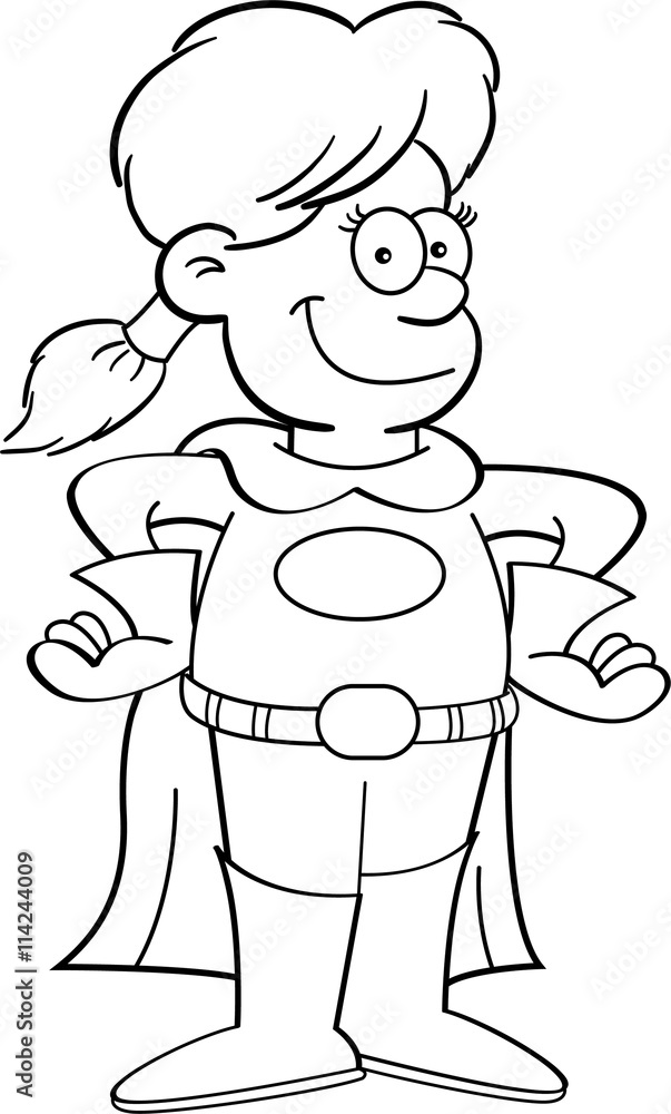 Fototapeta premium Black and white illustration of a girl in a superhero costume.