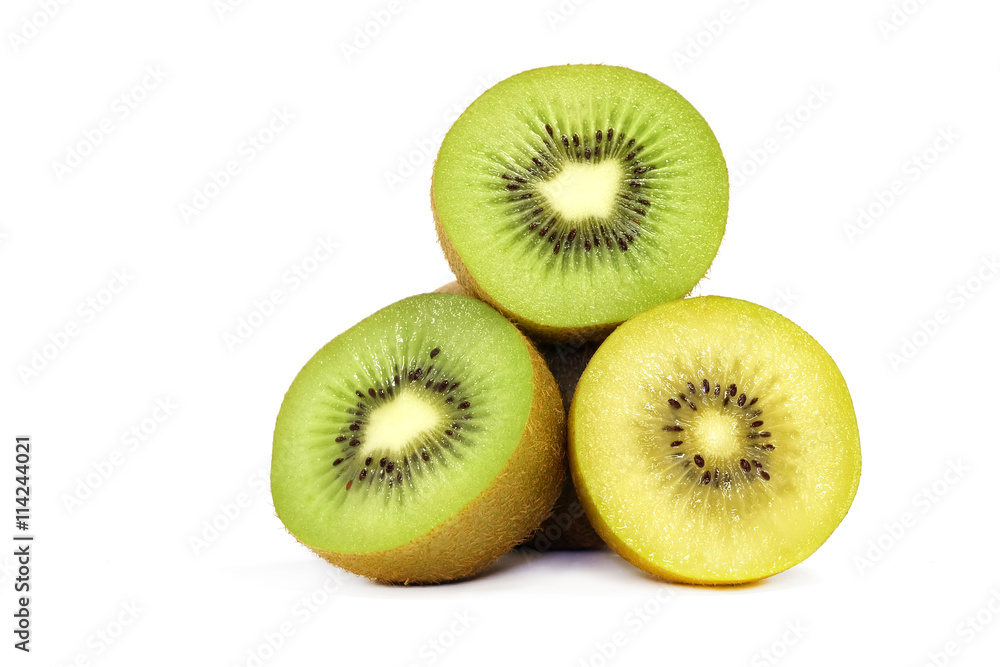 Yellow kiwi and green kiwi fruit on white background Yellow kiwi and green kiwi fruit on white background