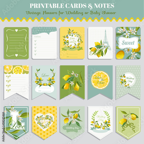 Vintage Lemon Flowers Card Set. Birthday, Wedding, Baby Shower 