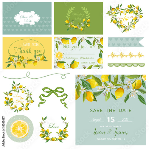 Scrapbook Design Elements. Wedding Summer Flower Set. Lemon Tags