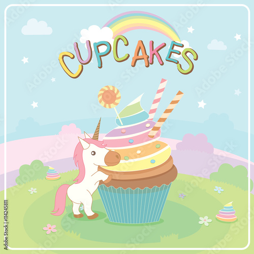 Illustration vector of unicorn cupcakes on cute concept design in fairy background for greeting card.