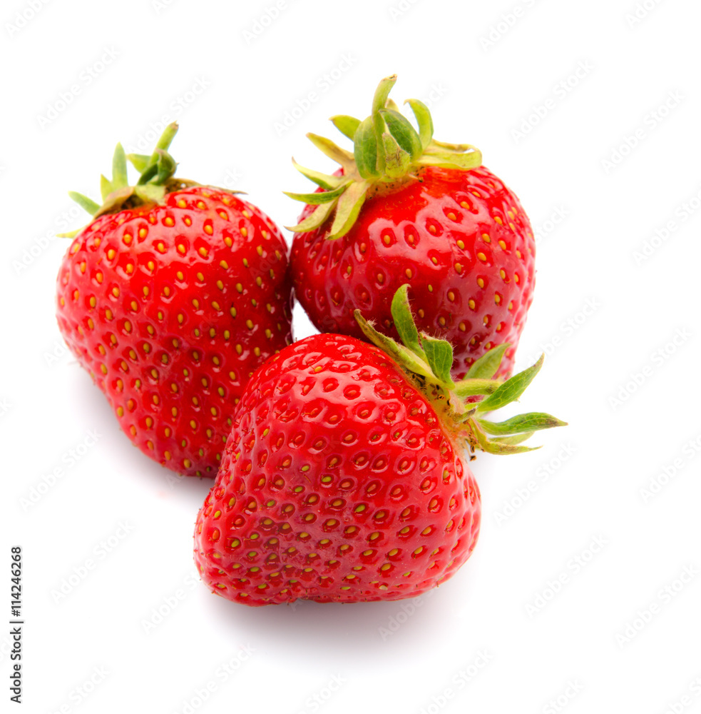 Three trawberries with leaves, isolated on a white background. Three trawberries with leaves, isolated on a white background.