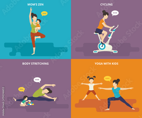 Family with kids concept flat icons set of mother with her baby standing in yoga pose  woman riding exercise bike  stretching the body and sitting with kids  mother doing sport exercises with doughter