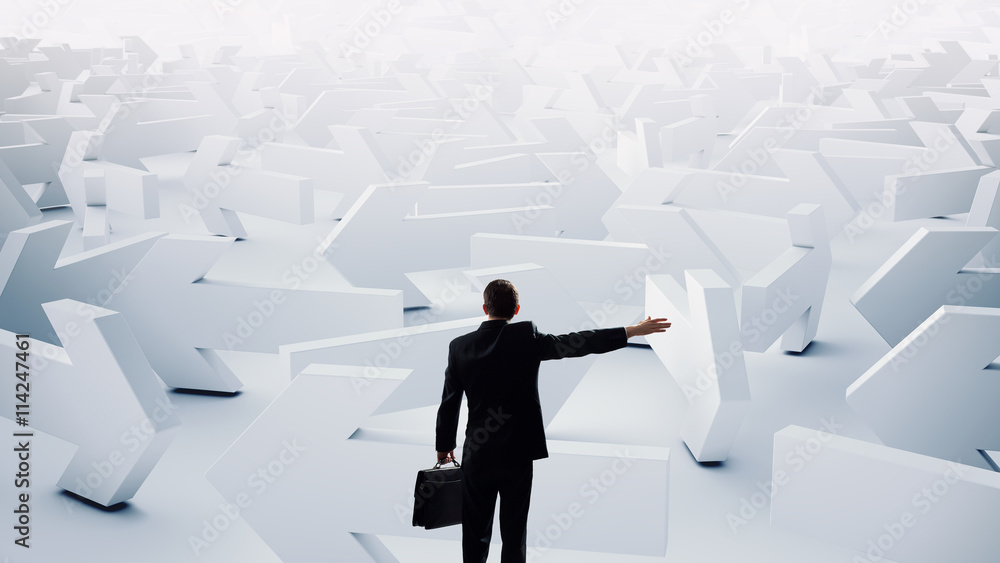 Troubled businessman finding way out . Mixed media Troubled businessman finding way out . Mixed media