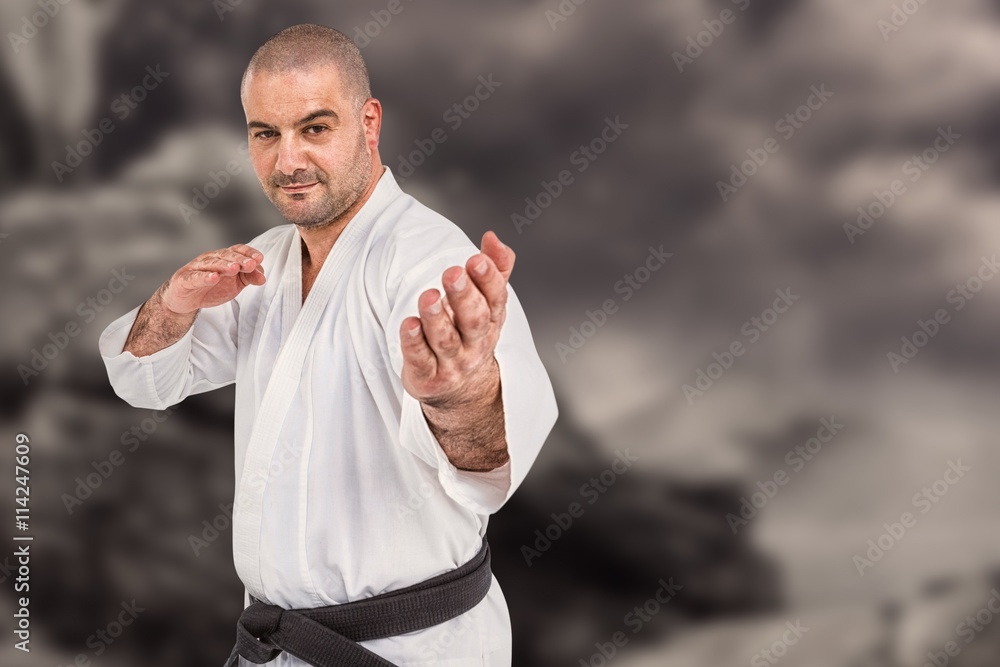 Naklejka premium Composite image of fighter performing karate stance
