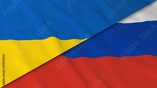 Flags of Ukraine and Russia - Split Ukrainian Flag and Russian Flag 3D Illustration