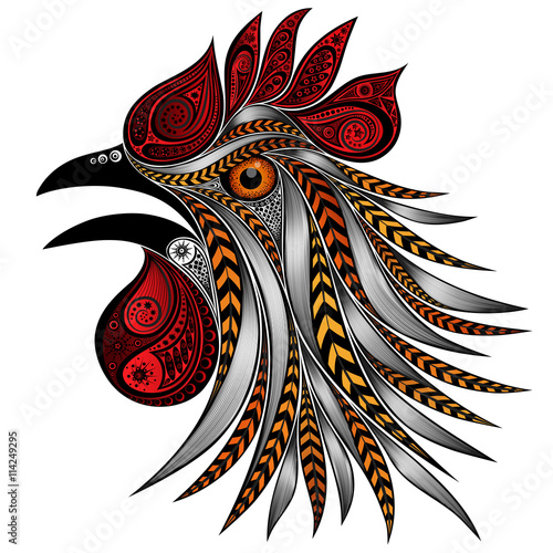 Screaming rooster patterns. Festive rooster with colorful feathers for the New year 2017