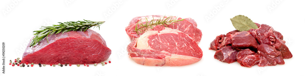 Braten, Rib Eye Steak und Gulasch roh vom Rind