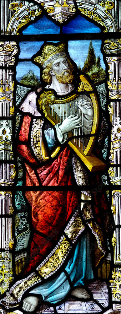 King David with a harp in stained glass
