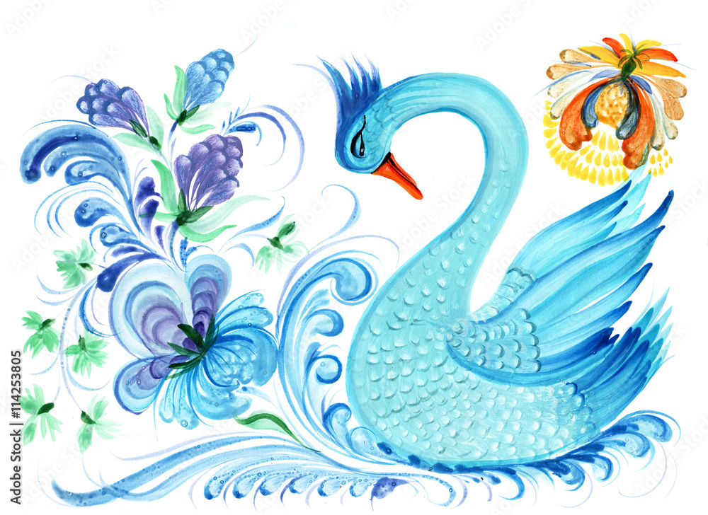 The Ukrainian decorative list.The Ukrainian girl in a flower garden with a bird on a white background. The Ukrainian decorative list.The Ukrainian girl in a flower garden with a bird on a white background.