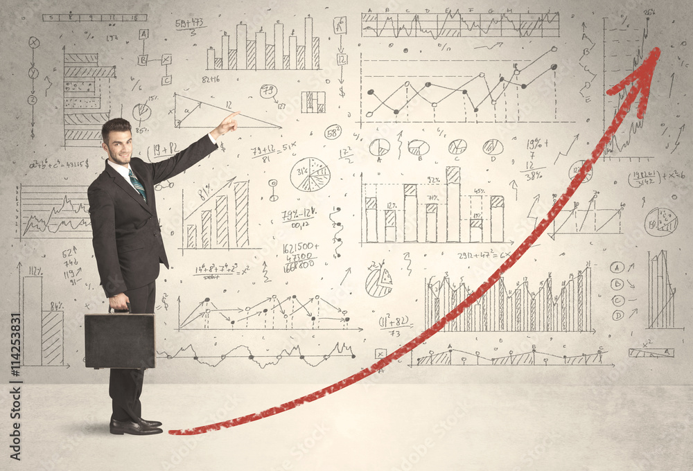 Business man climbing on red graph arrow concept Business man climbing on red graph arrow concept