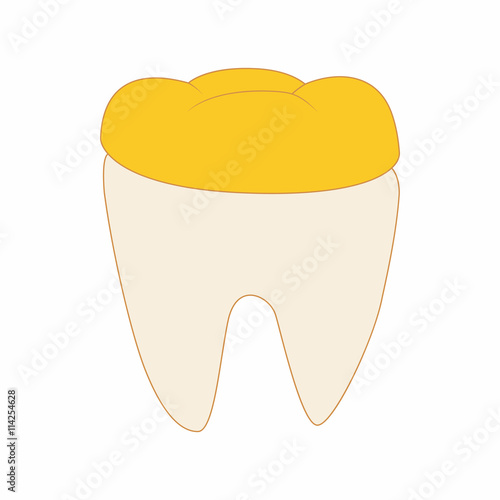 Tooth with golden dental crown icon, cartoon style