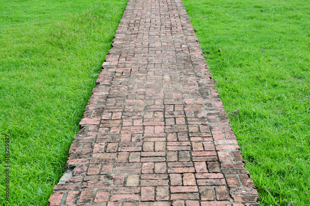 Old brick sidewalk through grass Old brick sidewalk through grass