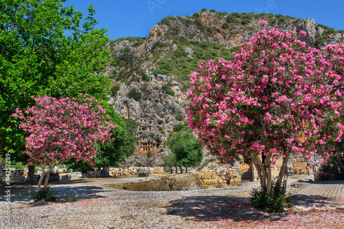 Tombs carved side cliff  overlooking ruins ancient city Myra  Turkey