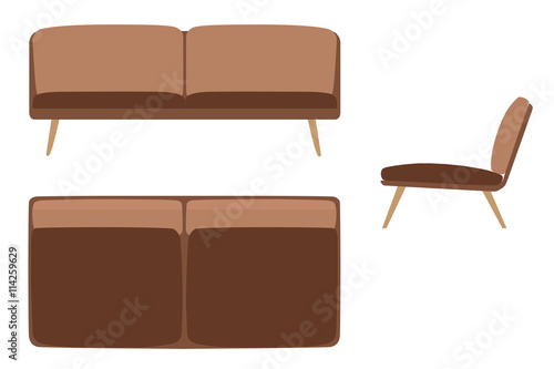 Sofas Set. Furniture for Your Interior Design. Flat Vector Illustration. Top, Front and Side View.