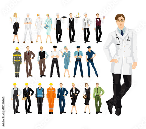 Set of professional people in uniform isolated on white background. Professor, firefighter, military man and woman, doctor, teacher, pilot, stewardess, cook chef, waitress, waiter