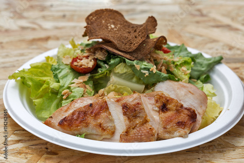 Plate with grilled turkey, salad and bread closeup