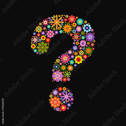 question mark folded various flowers of different colors on blac
