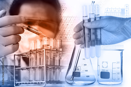 scientist with equipment and science experiments ,Laboratory glassware containing chemical liquid, science research,science background