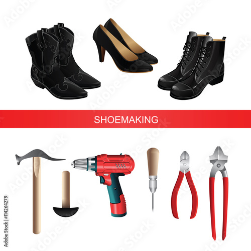 Banner with shoemaking professional equipment on white background. Black boots and shoes. Vector illustration of electric screwdriver or drill 