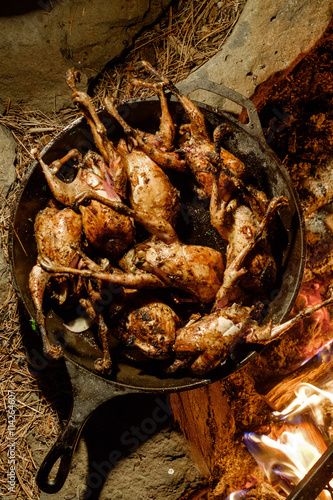 Overhead view of game birds in frying pan photo