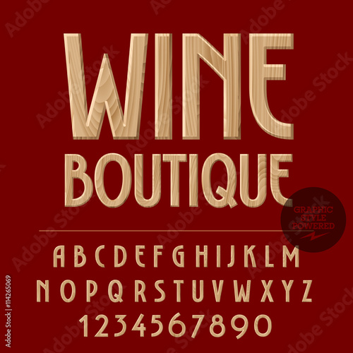 Vector set of alphabet letters, numbers and punctuation symbols. Wood emblem with text Wine boutique