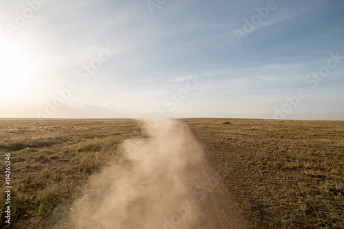 Dust trail on flat grasslands  photo
