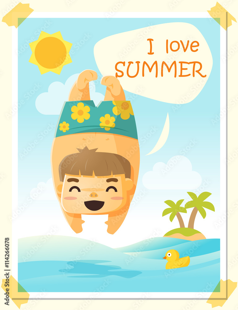 Enjoy tropical summer holiday with little boy, vector, illustration