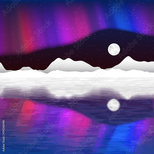 Arctic pole vector landscape with aurora