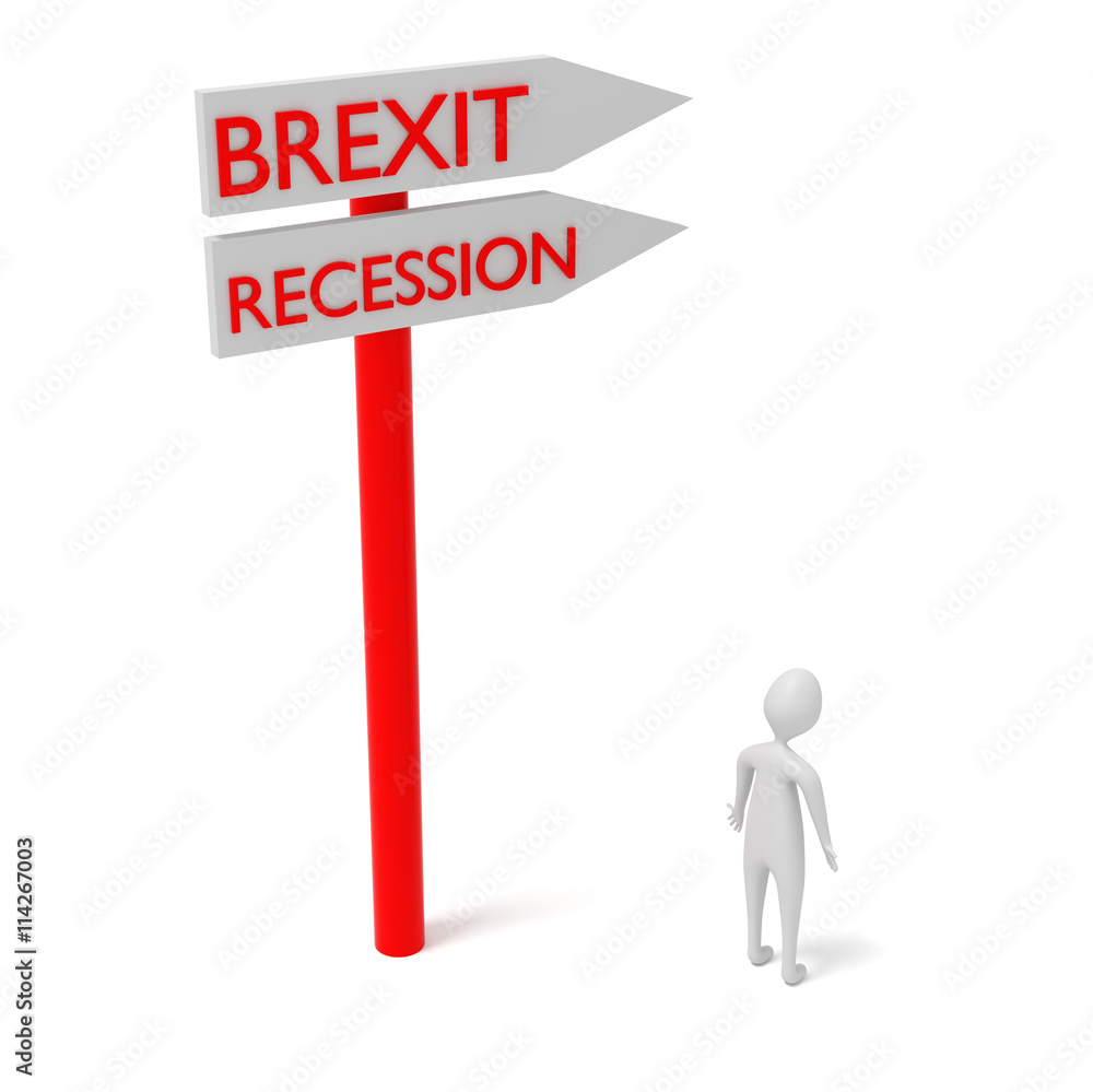 Brexit and recession: guidepost with 3d man, 3d illustration Brexit and recession: guidepost with 3d man, 3d illustration