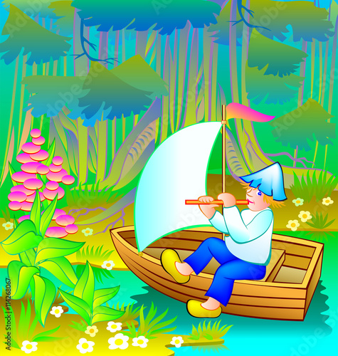 Little boy is sailing in the fairyland forest, vector cartoon image.