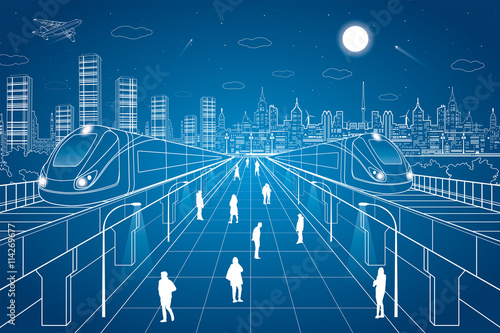 People walk on the square, the train going over bridges, night city in the background, office buildings, vector design art