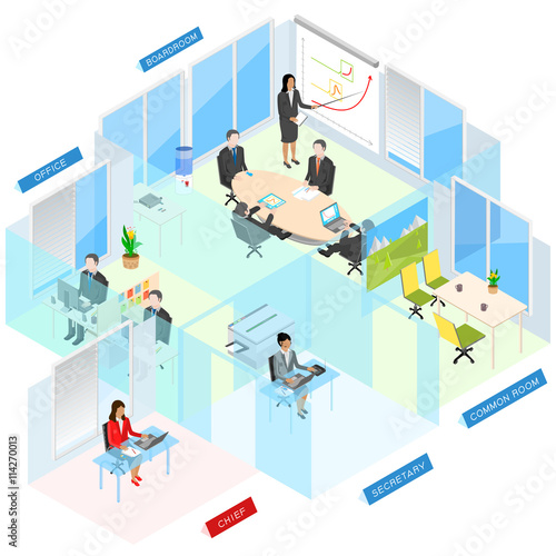 Office interior of the small company in an isometric view. There is a meeting in a boardroom at the round table. Employees dressed in the dress code.