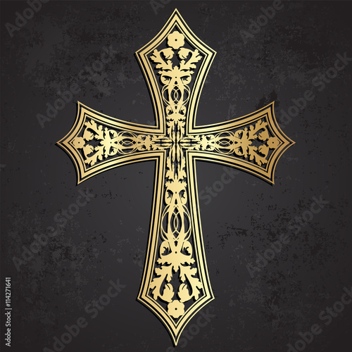 golden cross with floral ornaments on grunge background