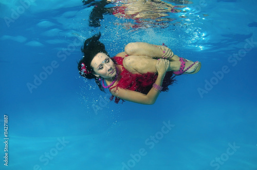 Woman presenting underwater fashion in pool