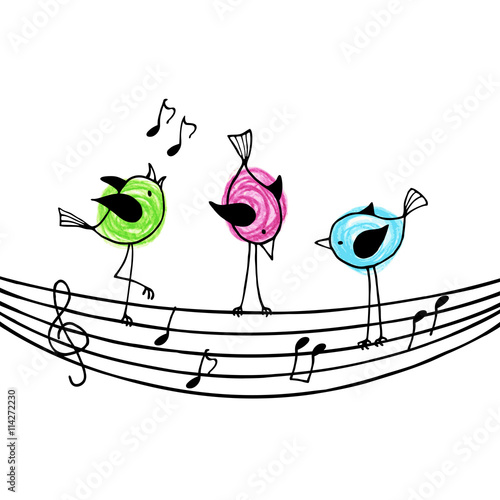 Three brightly colored birds on the stave with treble clef and n