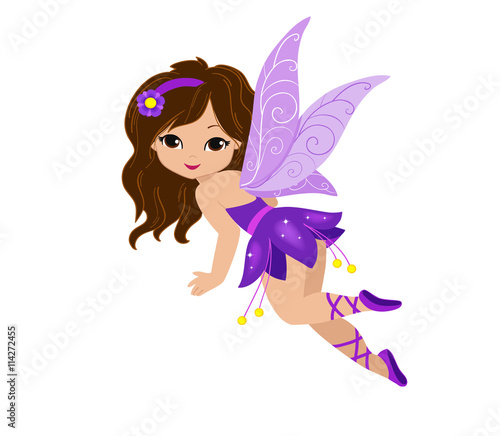 Illustration of a beautiful purple fairy in flight.