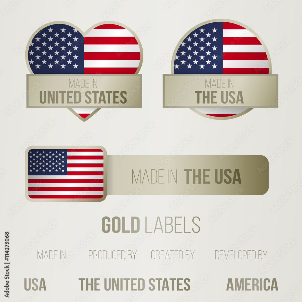 Set of made in labels with american motive, collection of golden tags for products