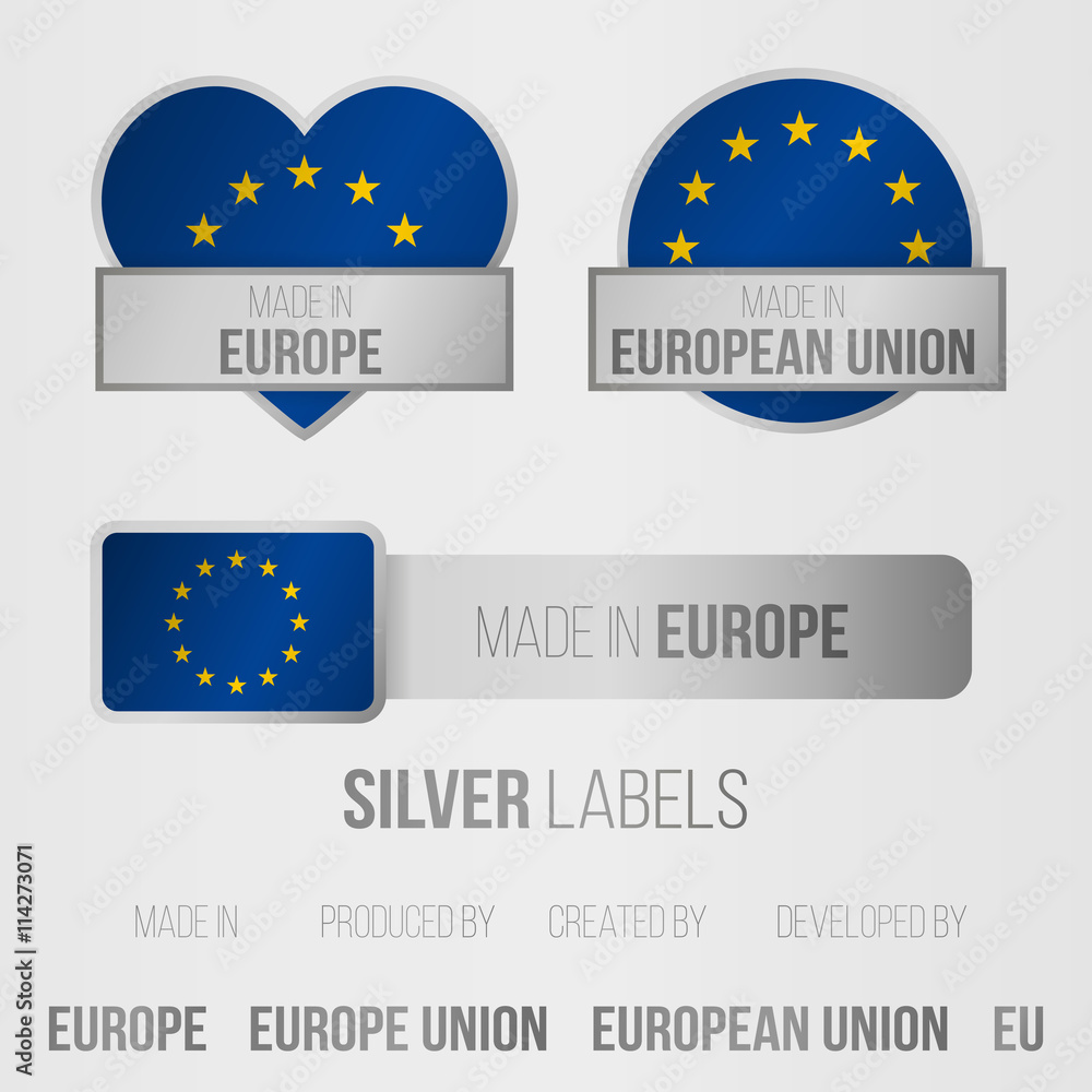 Set of made in labels with european union motive, collection of silver tags for products Set of made in labels with european union motive, collection of silver tags for products