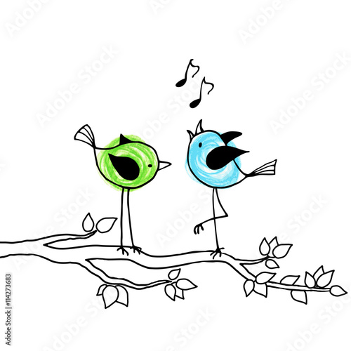 Two cute brightly colored birds on a branch.