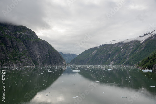 Tracy Arm Fjord, Alaska, with steep mountains reflected in the water filled with floating glacial ice.