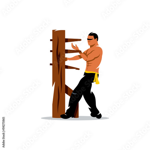 Vector Wing Chun kung fu Man at a wooden dummy. Cartoon Illustration.