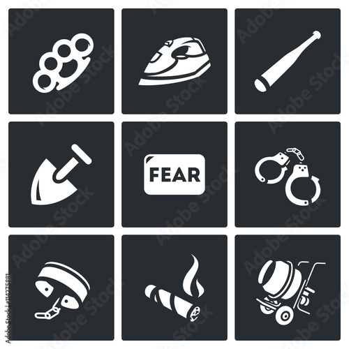 Vector Set of Slavery Icons. Beatings, Torture, Threat, Servitude, Fear, Captivity, Shackles, Cigar, Construction.