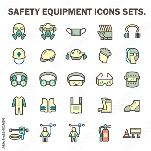 Safety equipment icon or personal protective equipment (PPE) in industrial work. Consist of air purifying respirator, helmet, earmuff, shield, glasses, fire resistant clothing etc. For protect wearer.