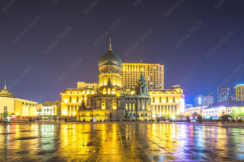 harbin sophia cathedral at night after raining