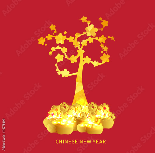 Chinese New Year golden coin and gold tree background