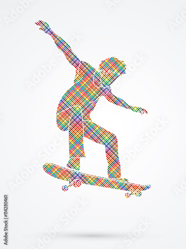 Skateboarders jumping designed using colorful pixels graphic vector.