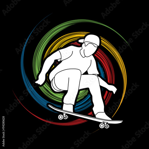 Skateboarders jumping designed on spin wheel background graphic vector.