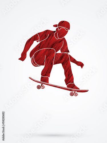 Skateboarders jumping designed using red grunge brush graphic vector.
